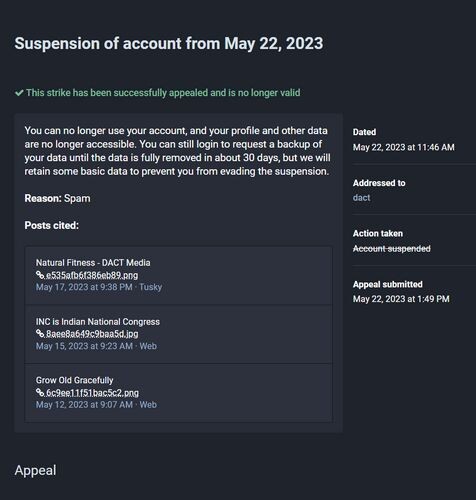banning of my account.